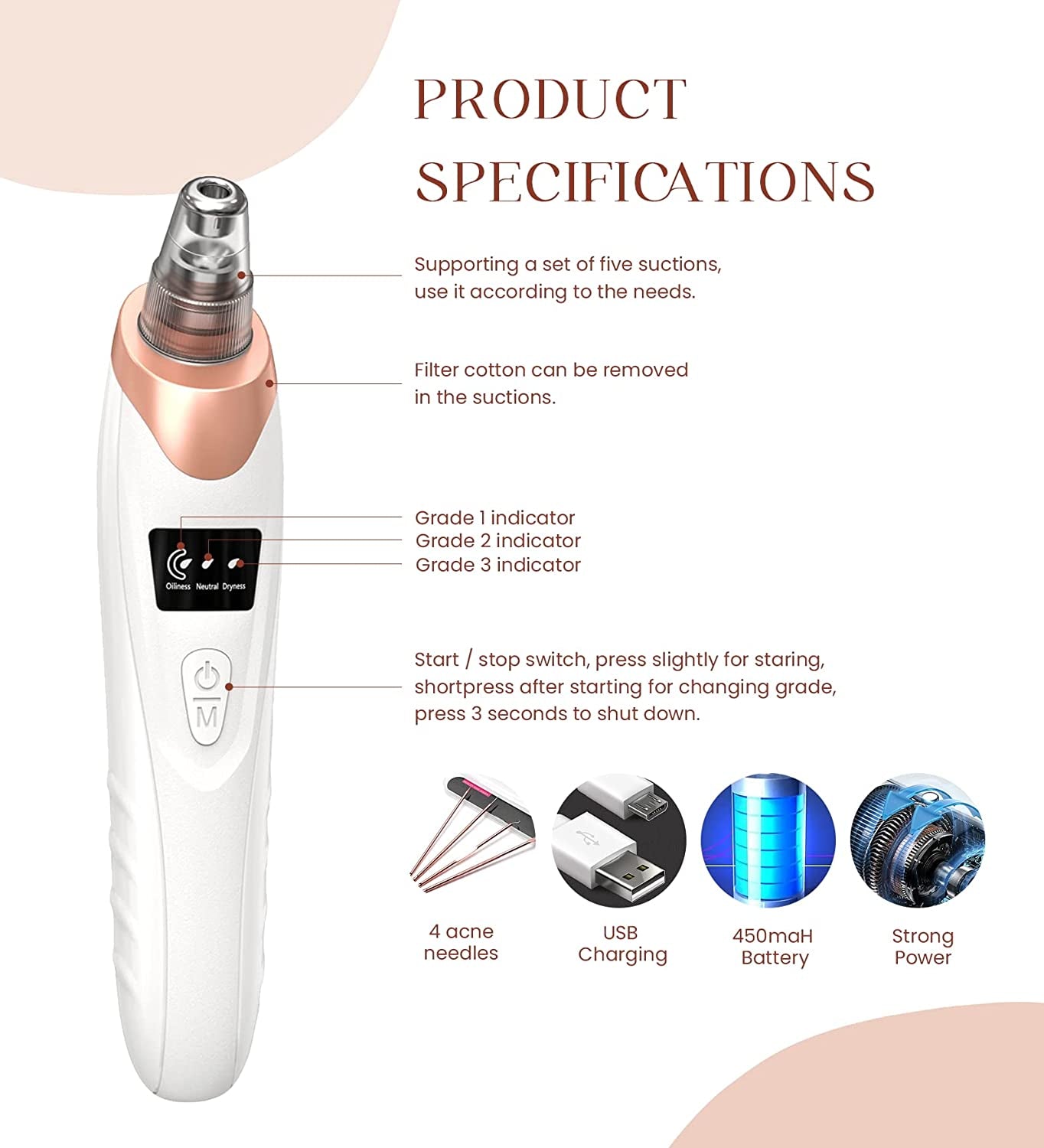 2024 Advanced Blackhead Remover Pore Vacuum - 5 Suction Levels, 5 Probes, USB Rechargeable Acne Extractor Tool for Flawless Skin (White)